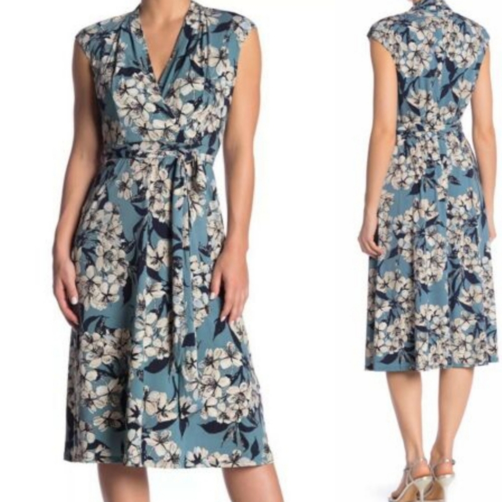 COPY - NWT London Times Blue Floral Midi Dress 14P